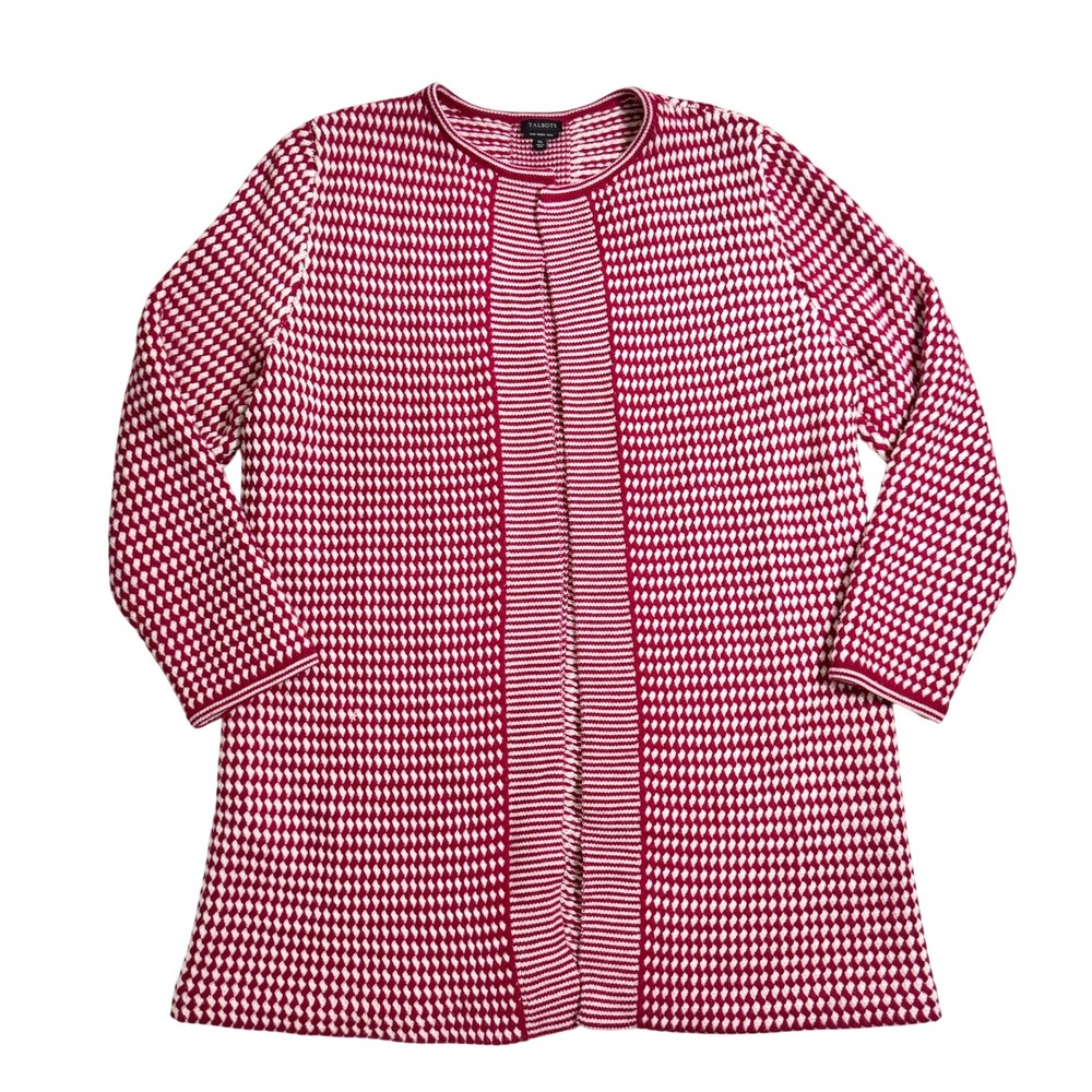 Talbots Longline Cardigan XL Red White Geometric Merino Wool Open Front Long - Picture 1 of 6